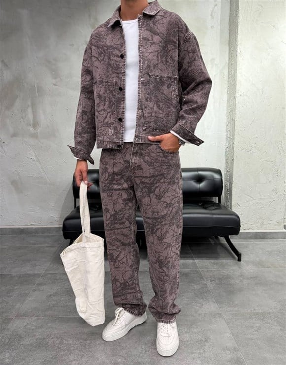 Premium Oversize Botanical Print Kot Pantolon Ceket Takım