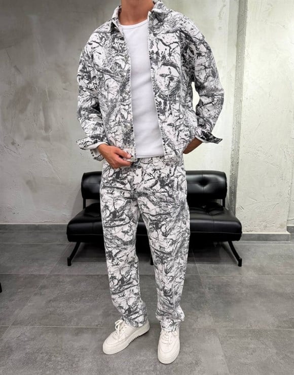 Premium Oversize Botanical Print Kot Pantolon Ceket Takım