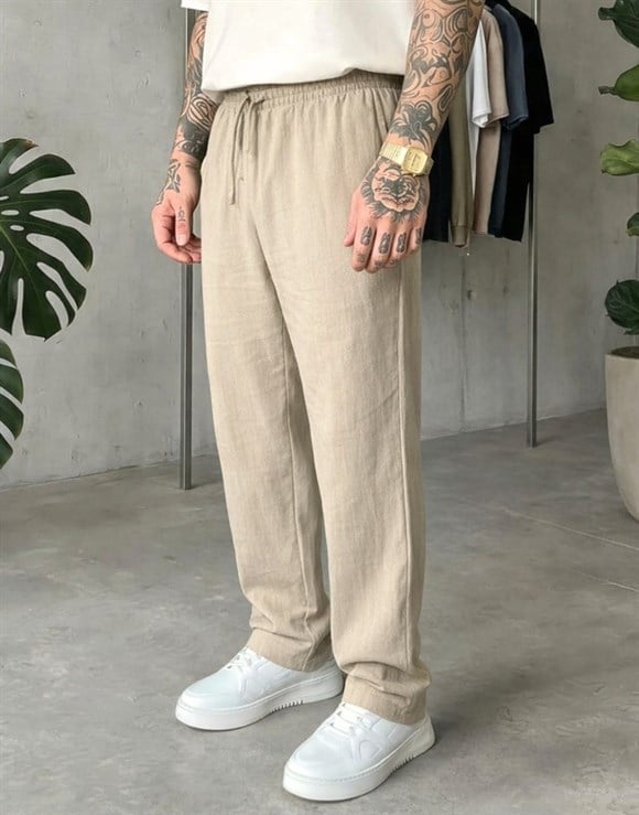Premium Yıkamalı Keten Pantolon Bej