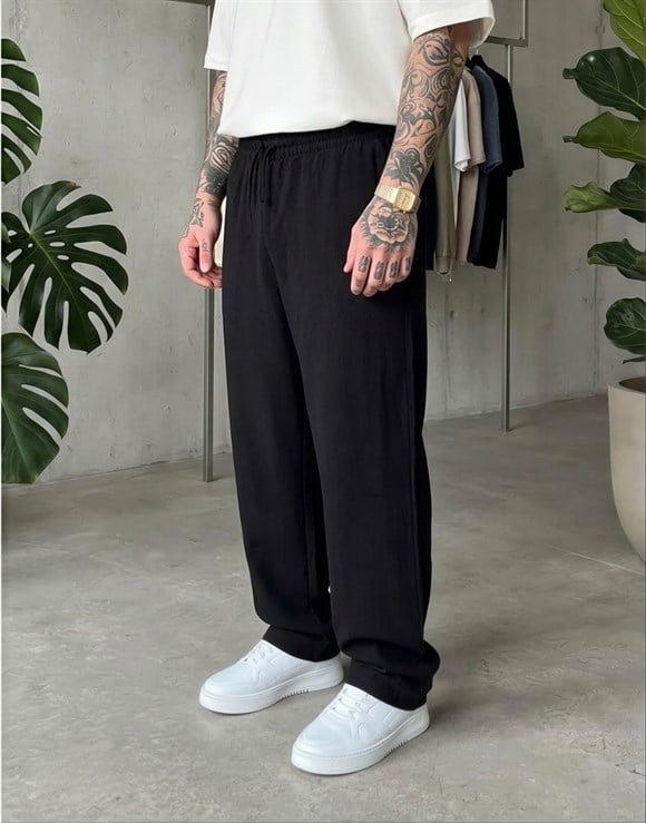 Premium Yıkamalı Keten Pantolon Siyah