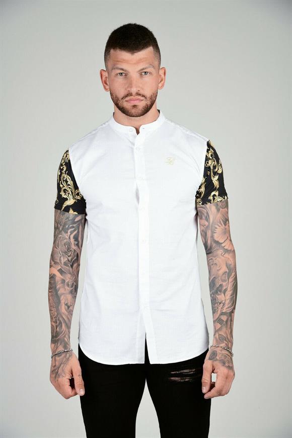 SikSilk S/S Grandad Collar Oxford Shirt - White & GoldSikSilk S/S Grandad Collar Oxford Shirt - White & Gold