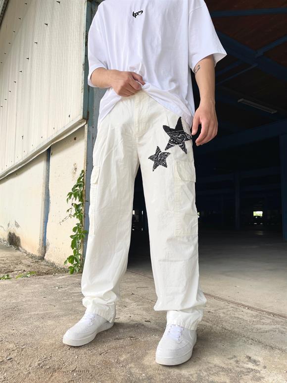 Starry Patchwork Beyaz Baggy Kargo Pantolon
