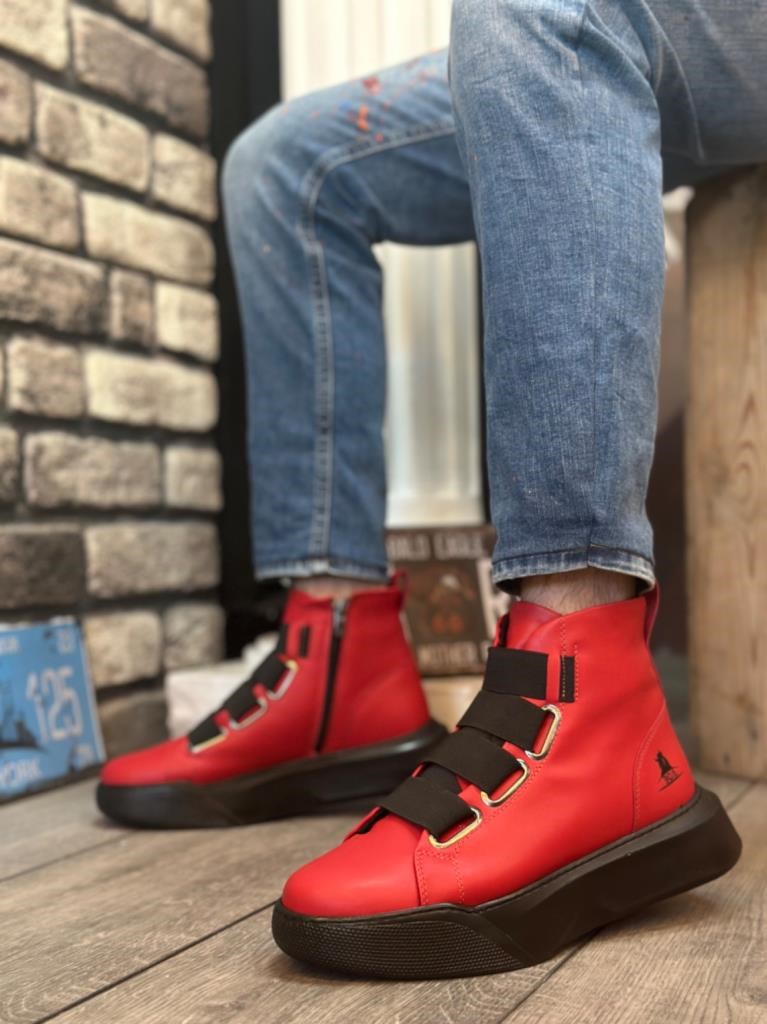 BA0142 Bantlı Erkek Yüksek Taban Kırmızı Spor Bot · 2
