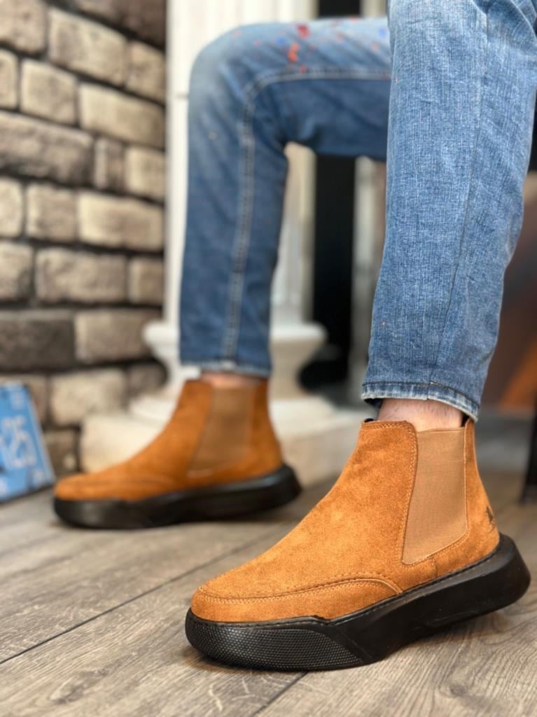 BA0150 Bağcıksız Erkek Taba Süet Siyah Yüksek Taban Spor Bot · 2