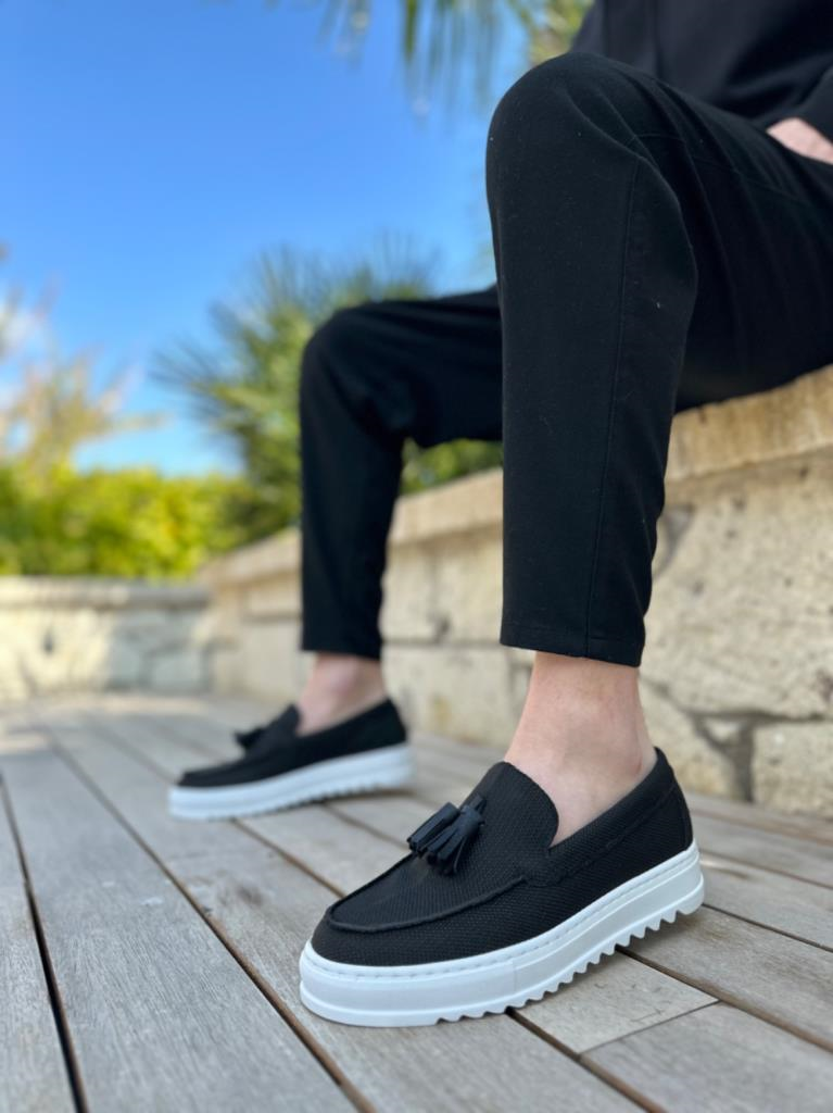 BA0154  Bağcıksız Yüksek Taban Keten Siyah Renk Püsküllü Erkek AyakkabıBA0154  Bağcıksız Yüksek Taban Keten Siyah Renk Püsküllü Erkek Ayakkabı