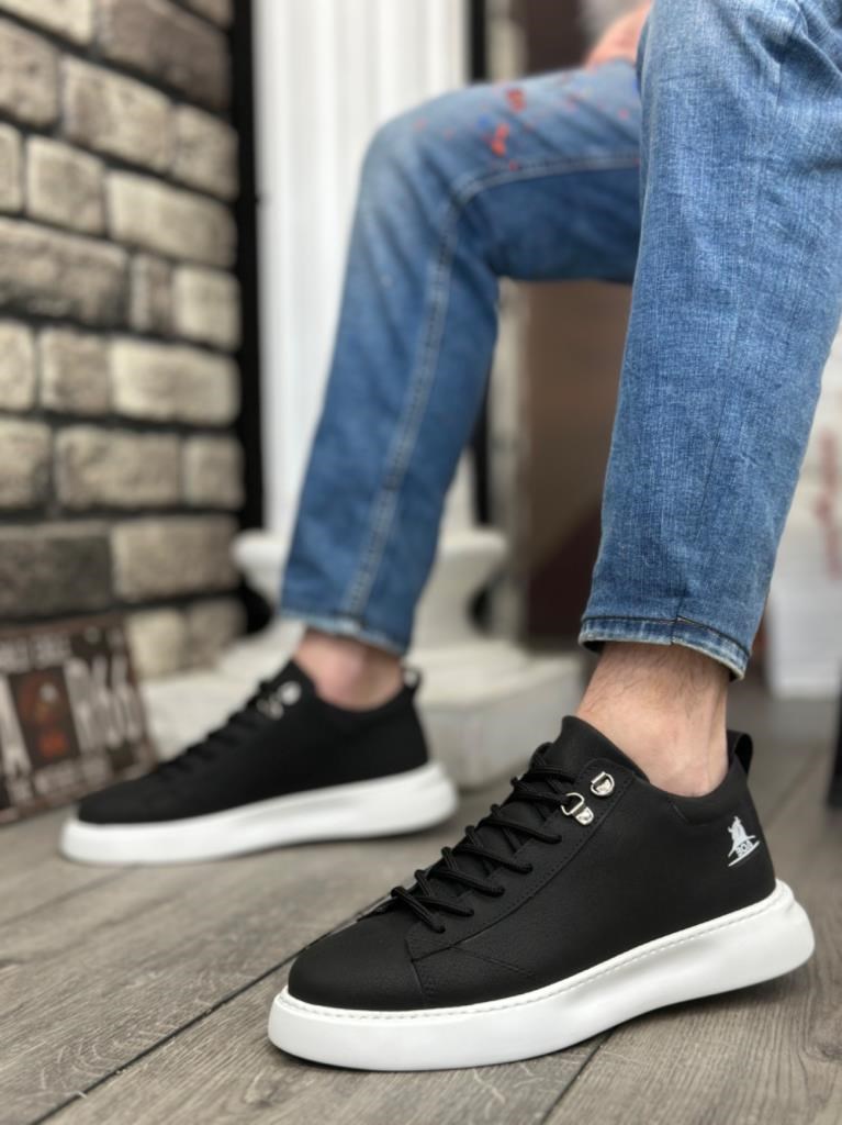 BA0331 Bağcıklı Erkek Yüksek Taban Cilt Siyah Beyaz Taban Spor Ayakkabı · 2