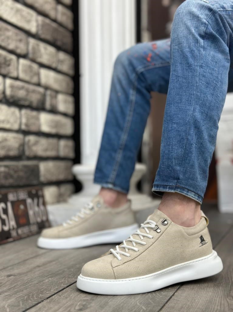 BA0331 Bağcıklı Erkek Yüksek Taban Krem Süet Beyaz Taban Spor Ayakkabı · 2