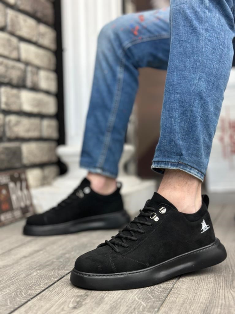 BA0331 Bağcıklı Erkek Yüksek Taban Siyah Süet Siyah Taban Spor Ayakkabı · 2