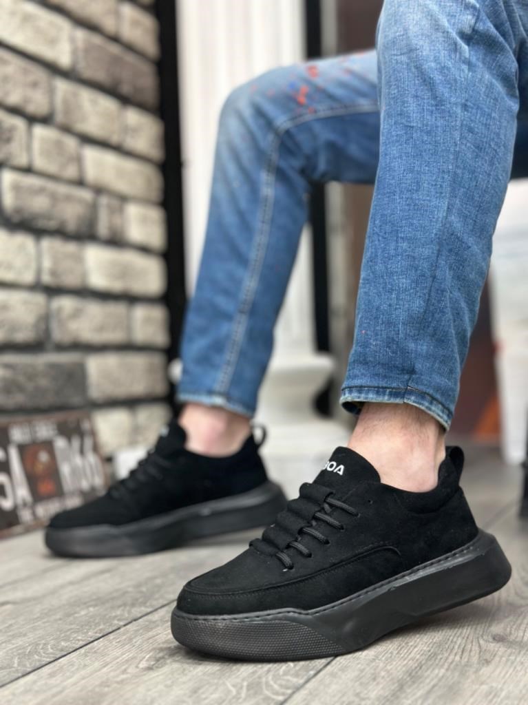 BA0332 Merdiven Desen Bağcıklı Erkek Yüksek Taban Siyah Süet Siyah Taban Spor Ayakkabı · 2