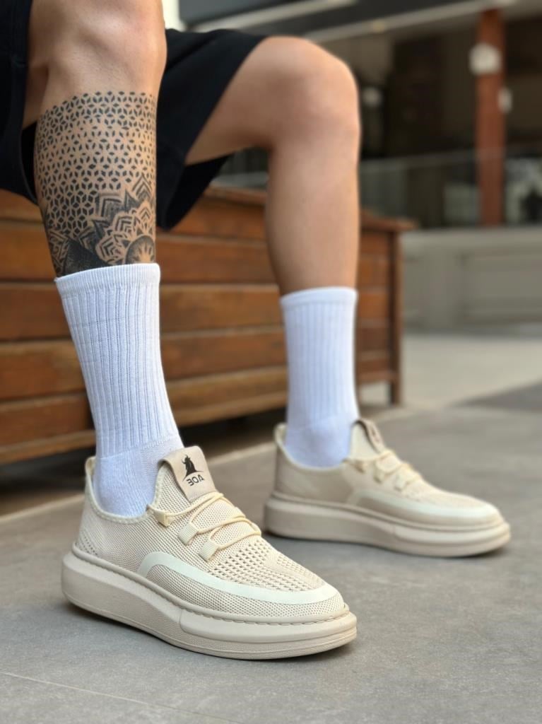 BA0375 Özel Örme Triko Tarz Krem Renk Spor Ayakkabı