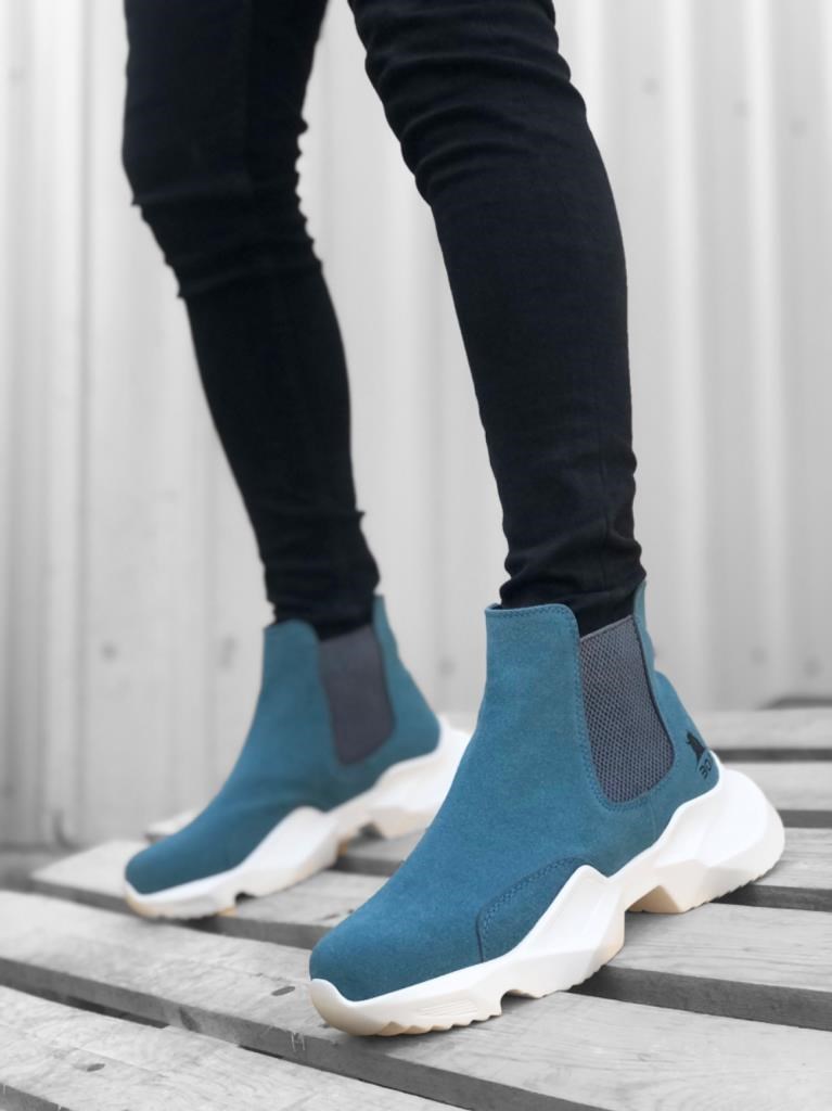 BA0444 Bağcıksız Rahat Yüksek Taban Mavi Erkek Spor Yarım Bilek Bot · 2