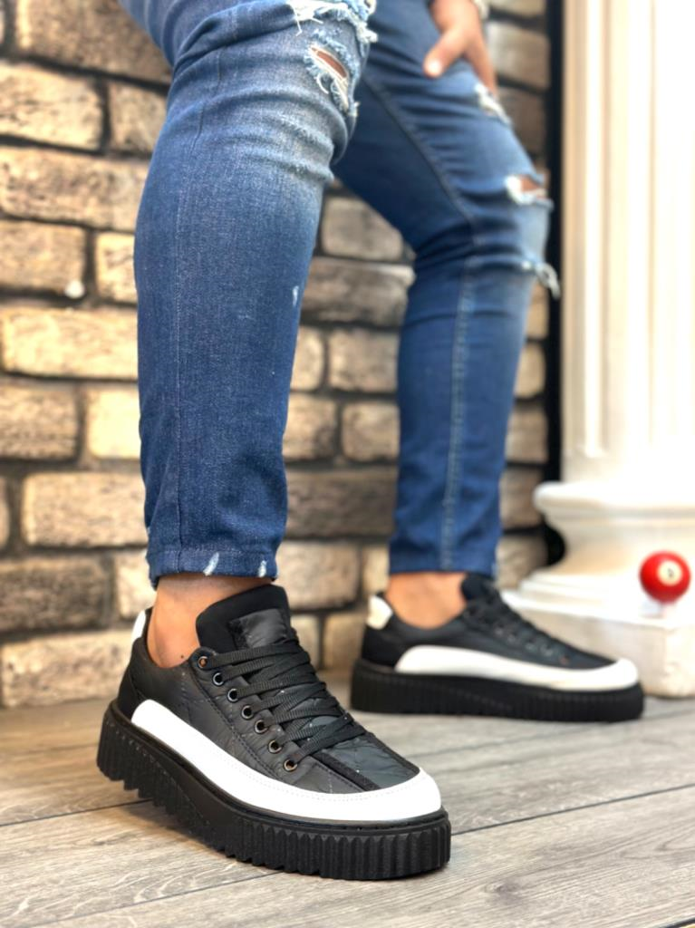 BA0801  Yüksek Taban Siyah Paraşüt Kumaş Beyaz Cilt Detaylı Erkek AyakkabıBA0801 BOA Yüksek Taban Siyah Paraşüt Kumaş Beyaz Cilt Detaylı Erkek Ayakkabı