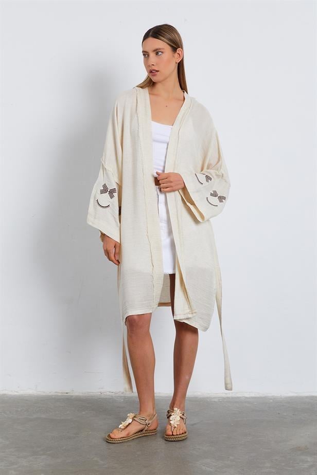 BPM Kolları Nakışlı Kimono - NATÜR