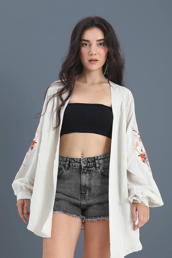 Kimono Reglan Kol Nakışlı Keten - TaşKimono Reglan Kol Nakışlı Keten - Taş