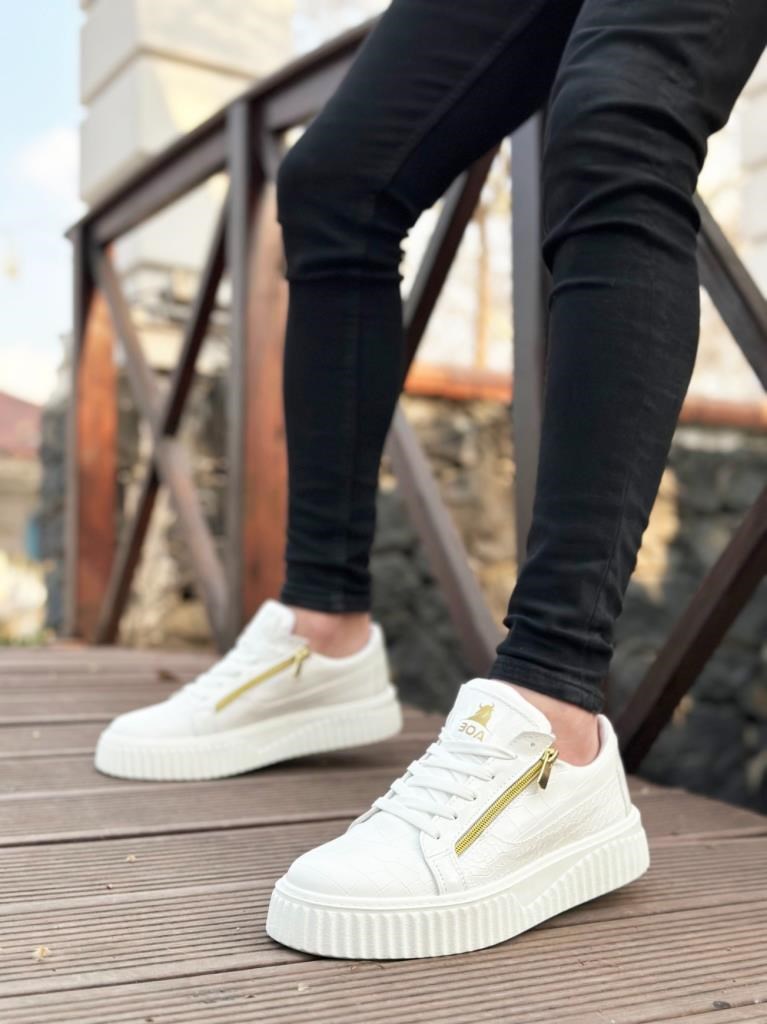 SNR-308  Kalın Yüksek Taban Çift Fermuarlı Beyaz Erkek Ayakkabı