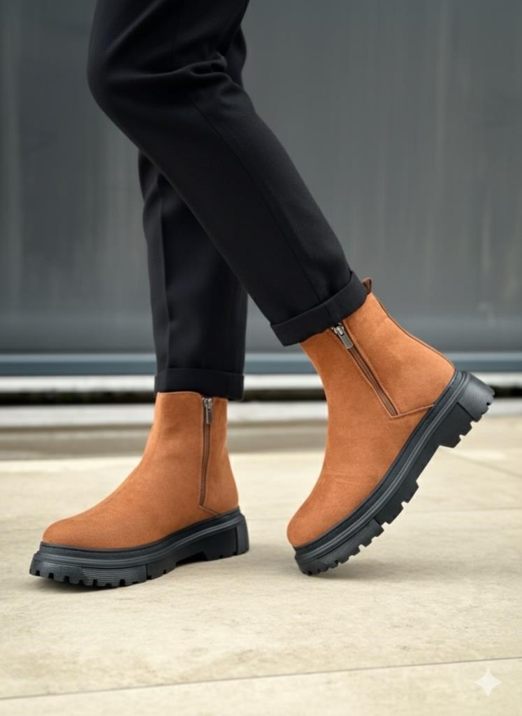 Süet Taba Siyah Taban Çift Fermuarlı Erkek Yarım Bilek Bot