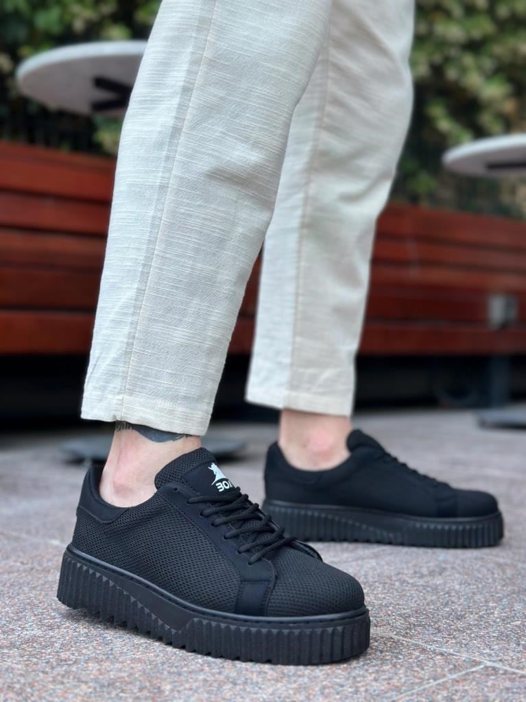 Yüksek Siyah Taban Triko Siyah Erkek AyakkabıYüksek Siyah Taban Triko Siyah Erkek Ayakkabı