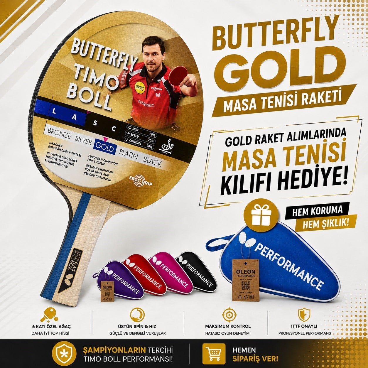 Butterfly 85020 Boll Gold ITTF Onaylı Masa Tenisi Raketi