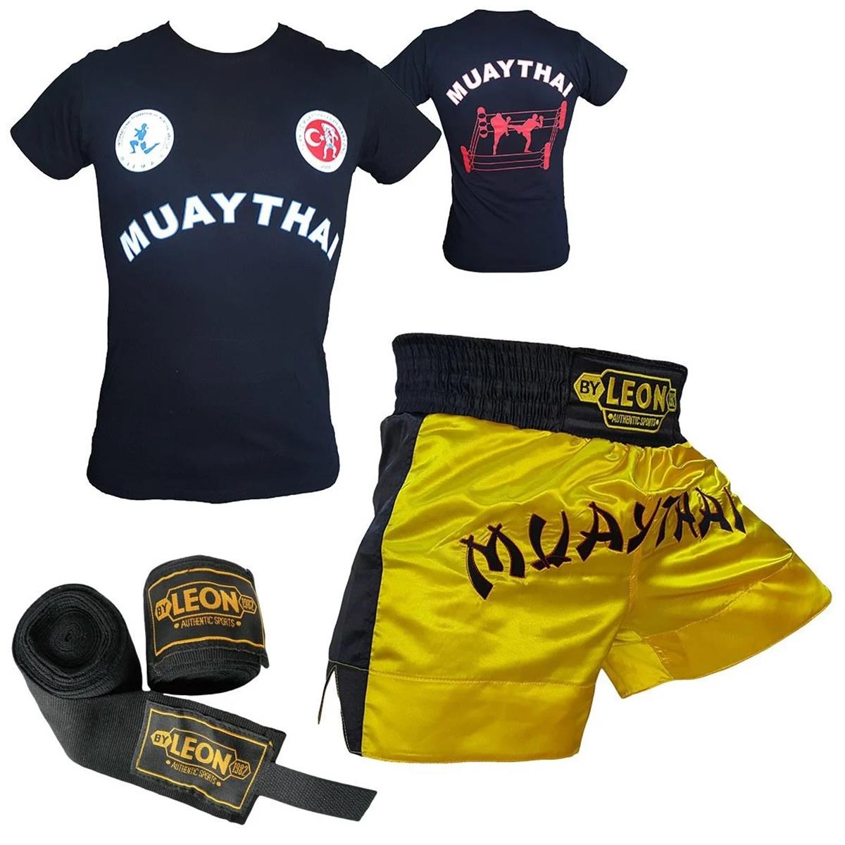 Leon Classic Muay Thai Şortu, Tişört ve Boks Bandajı Seti Sarı