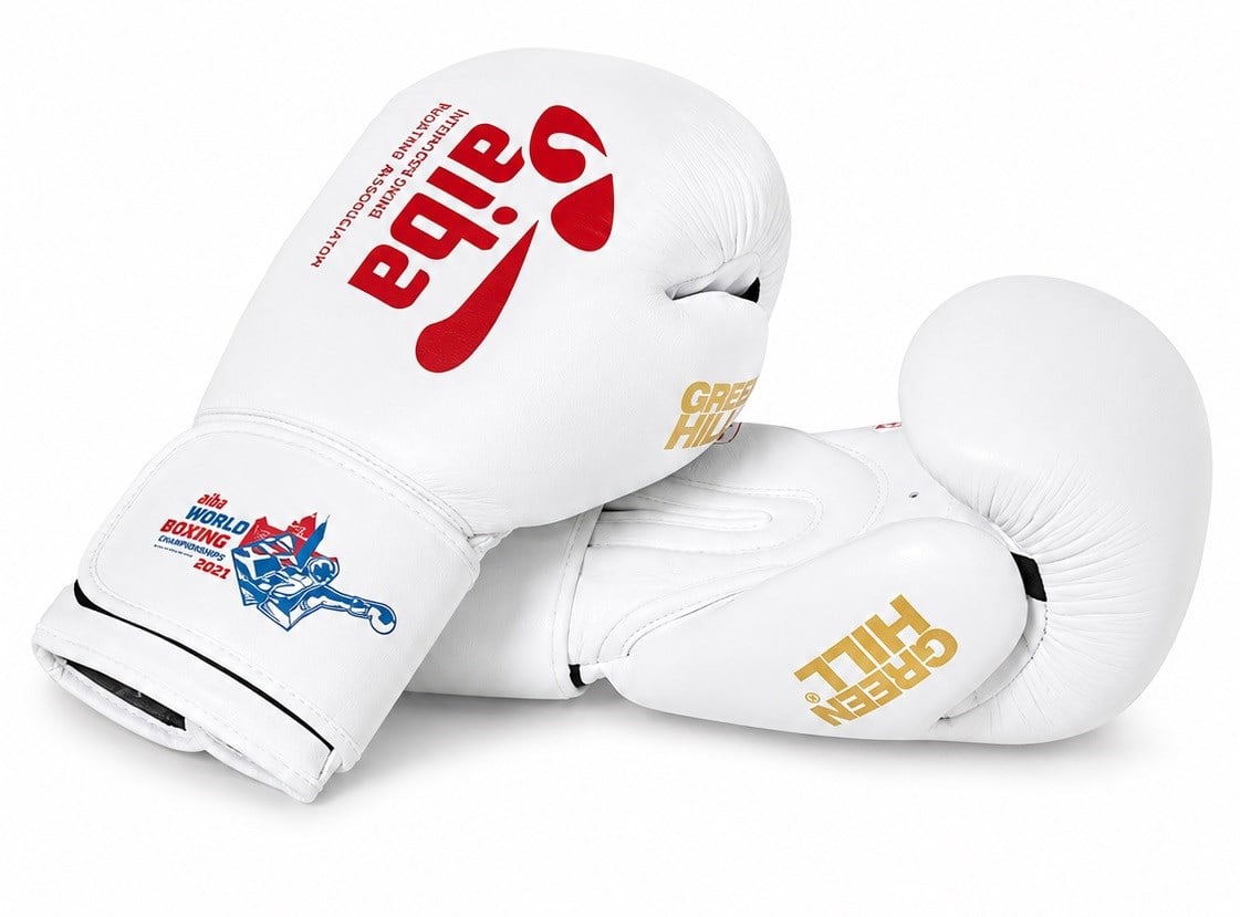 Green Hill AIBA Onaylı Deri Boks Eldiveni Beyaz - Kırmızı