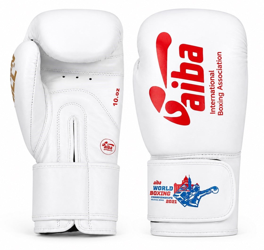 Green Hill AIBA Onaylı Deri Boks Eldiveni Beyaz - Kırmızı