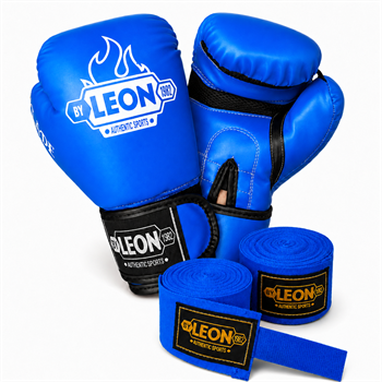 Leon Blade Training Boks Kick Boks Ve Muay Thai Eldiveni ve 3,5 m Bandaj Seti Mavi
