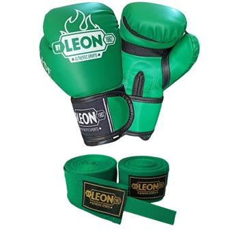 Leon Blade Training Boks Kick Boks Ve Muay Thai Eldiveni ve 3,5 m Bandaj Seti Yeşil
