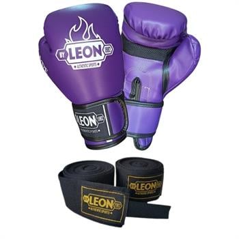 Leon Blade Training Boks Kick Boks Ve Muay Thai Eldiveni ve 3,5 m Bandaj Seti Mor