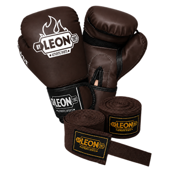 Leon Blade Training Boks Kick Boks Ve Muay Thai Eldiveni ve 3,5 m Bandaj Seti Kahverengi