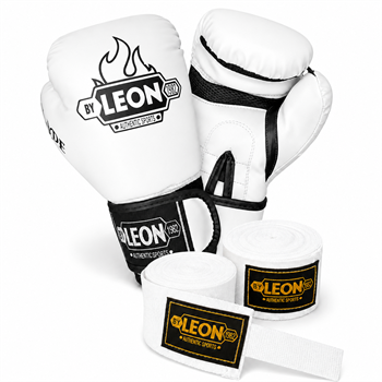 Leon Blade Training Boks Kick Boks Ve Muay Thai Eldiveni ve 3,5 m Bandaj Seti Beyaz