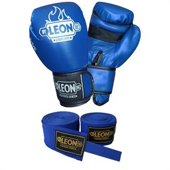 Leon Blade Training Boks Kick Boks Ve Muay Thai Eldiveni ve 3,5 m Bandaj Seti Mavi