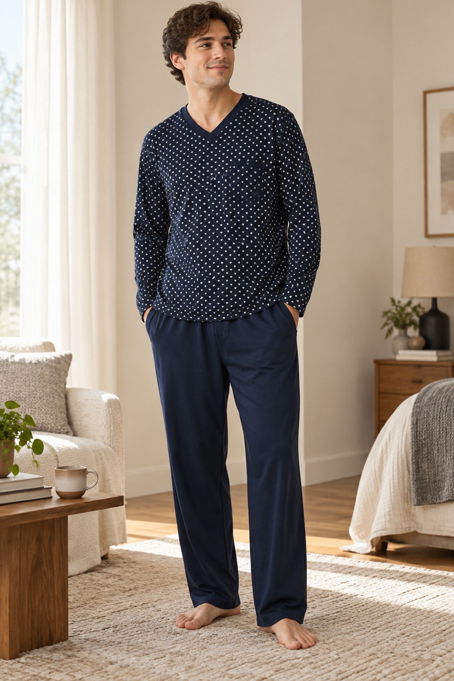 Erkek Bölme Desen V Yaka Lacivert Pijama Takımı 8204