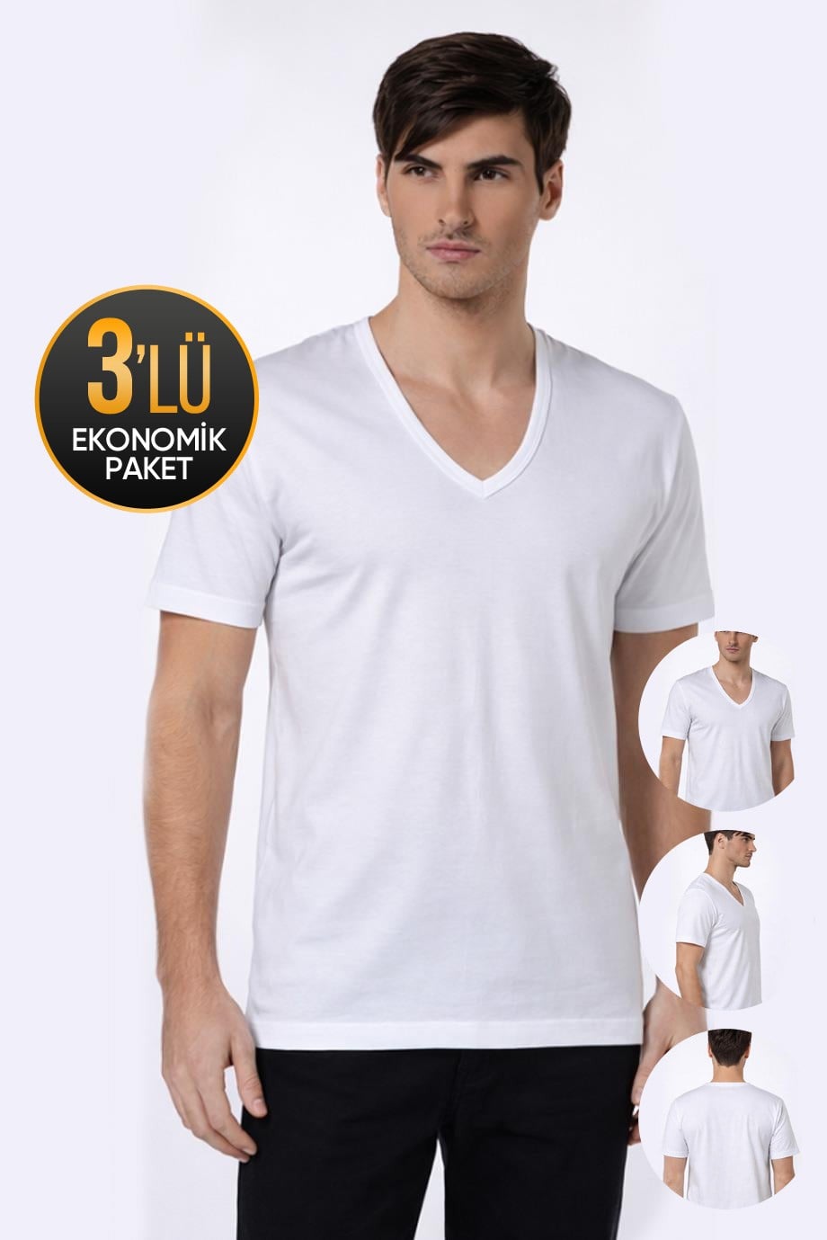 Erkek Derin V Yaka Beyaz T-shirt 3'lü Ekonomik Paket 936