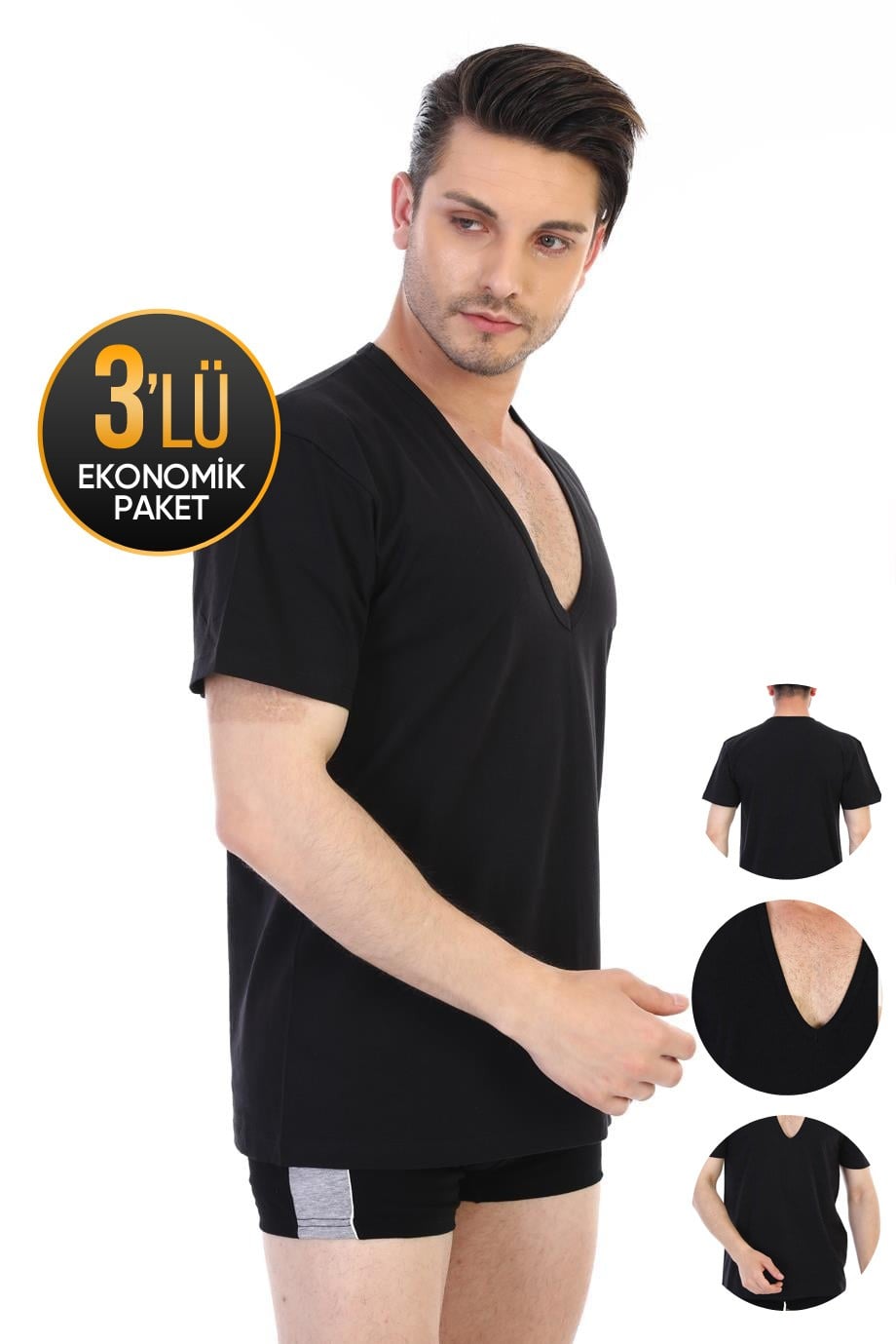 Erkek Derin V Yaka Siyah T-shirt 3'lü Ekonomik Paket 936