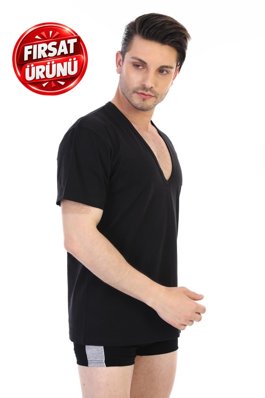 Erkek Derin V Yaka Siyah T-shirt 936