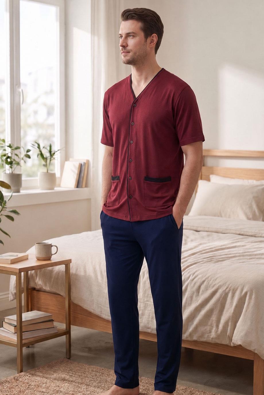 Erkek Düz Önden Düğmeli Kısa Kol Bordo Pijama Takımı 8102