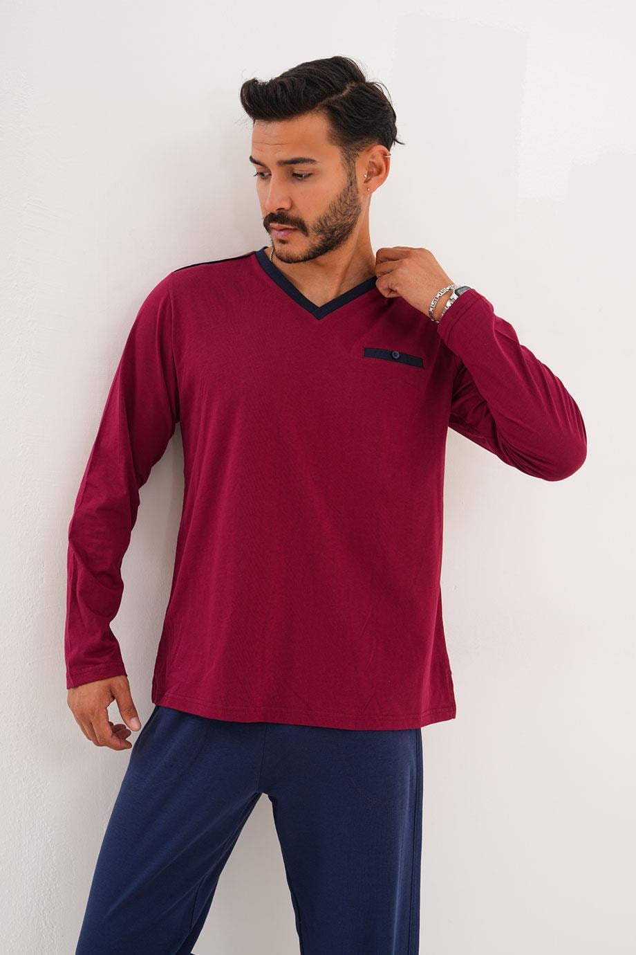 Erkek Düz Yaka Bordo Pijama Takımı 8001