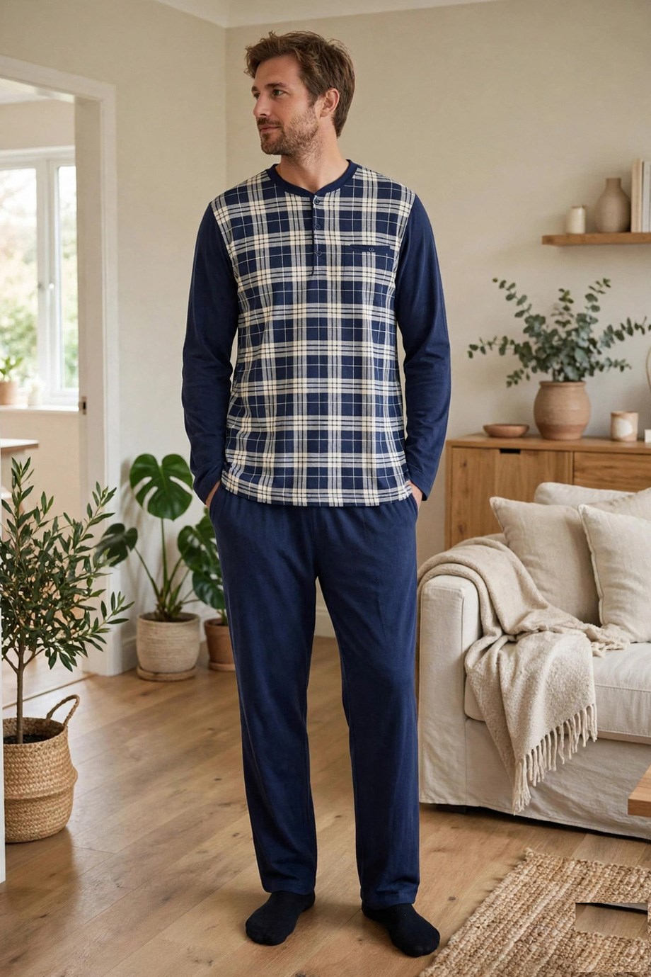 Erkek Ekose Arkası Düz Patlı Lacivert Pijama Takımı 8219
