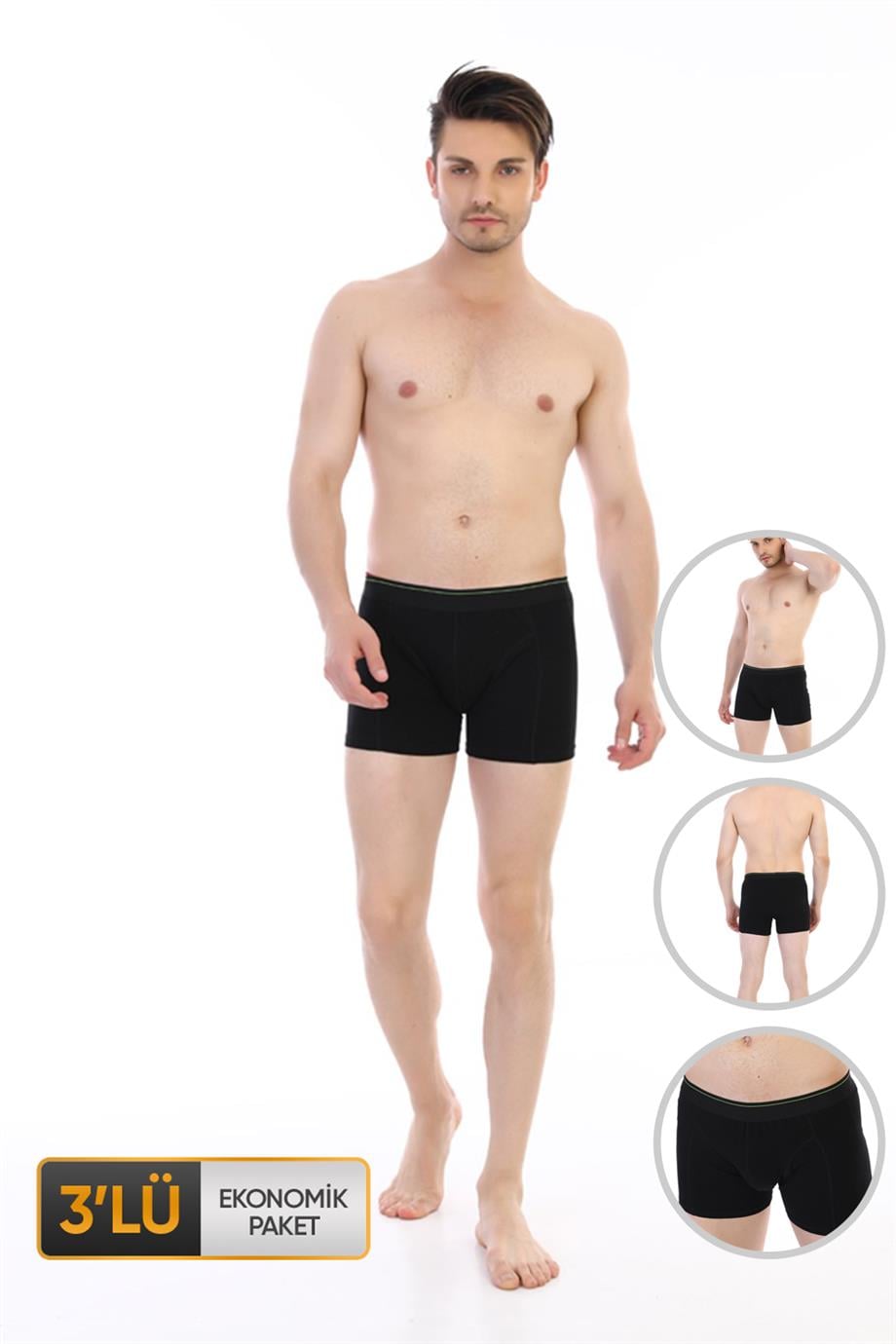 Erkek Elastanlı Siyah Boxer 0889 3'lü Ekonomik Paket
