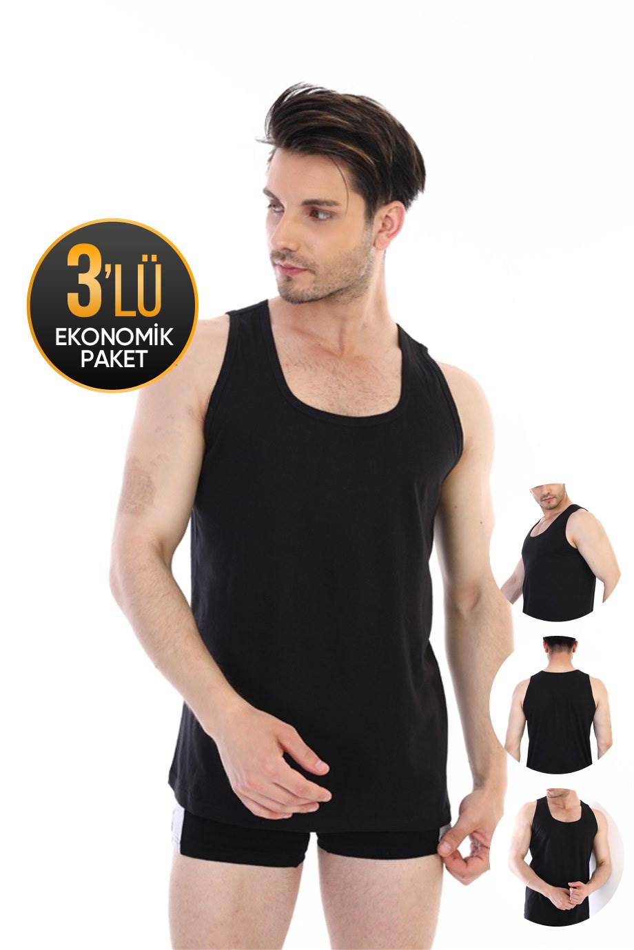 Erkek Ince Süprem Siyah Atlet 700 3'lü Ekonomik Paket