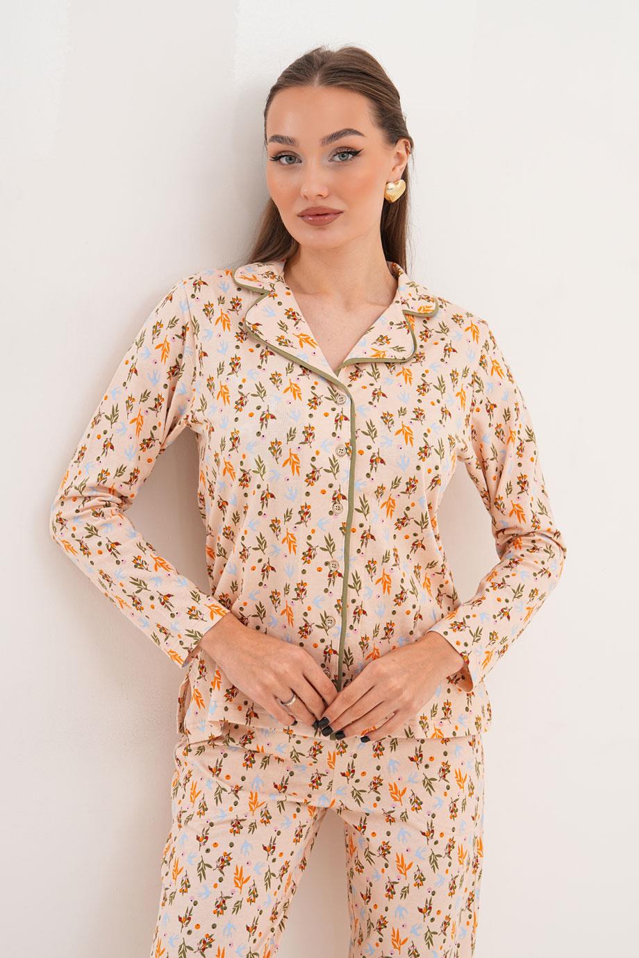 7032 PAMUK ZEYTİN DESEN GÖMLEK YAKA PİJAMA TK.