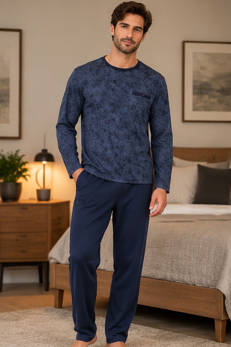 Erkek Batik Desen Sıfır Yaka Lacivert Pijama Takımı 8202