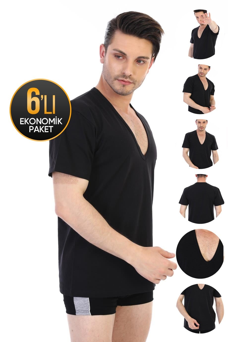 Erkek Derin V Yaka Siyah T-shirt 6'lı Ekonomik Paket 936