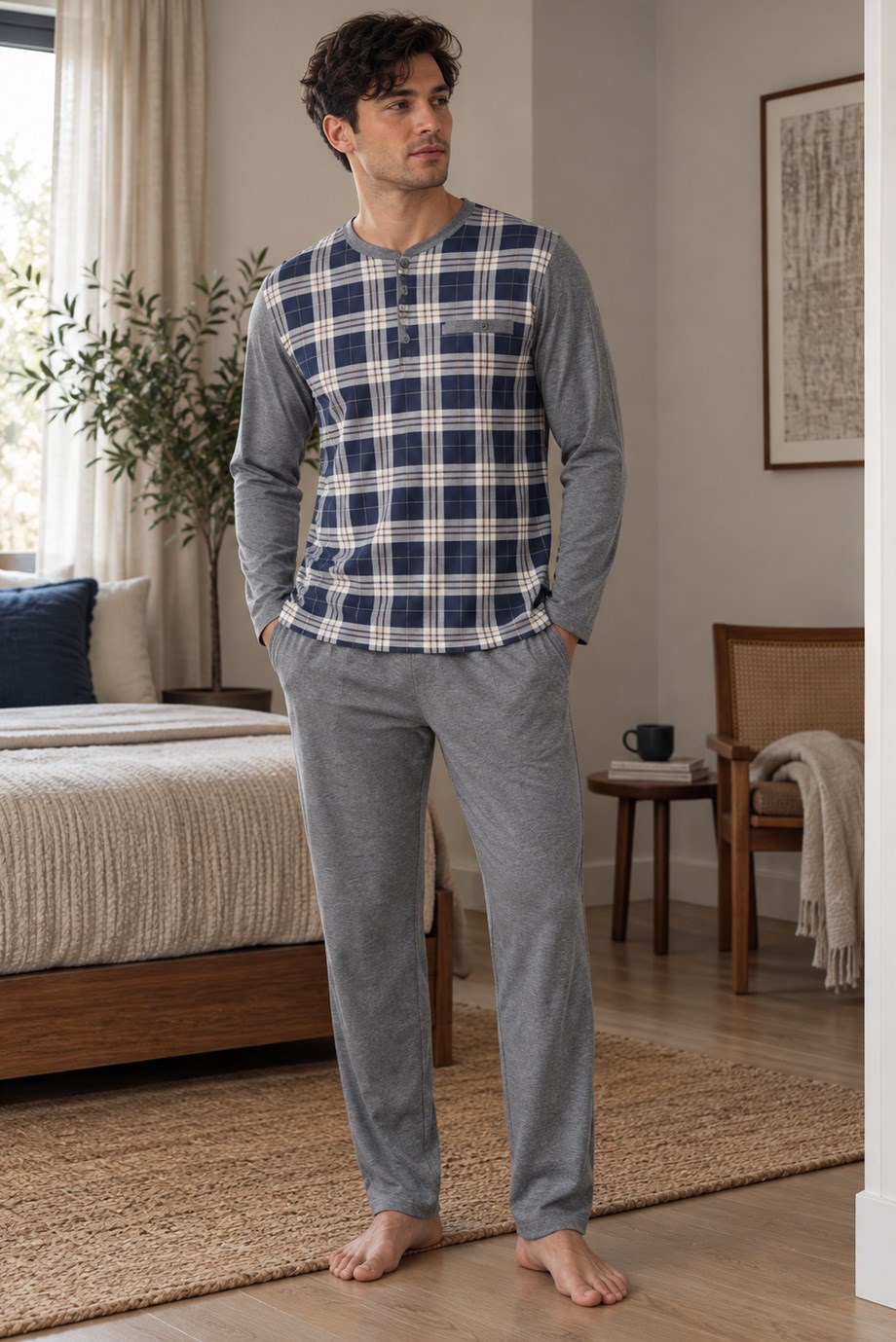 Erkek Ekose Arkası Düz Patlı Gri Pijama Takımı 8219