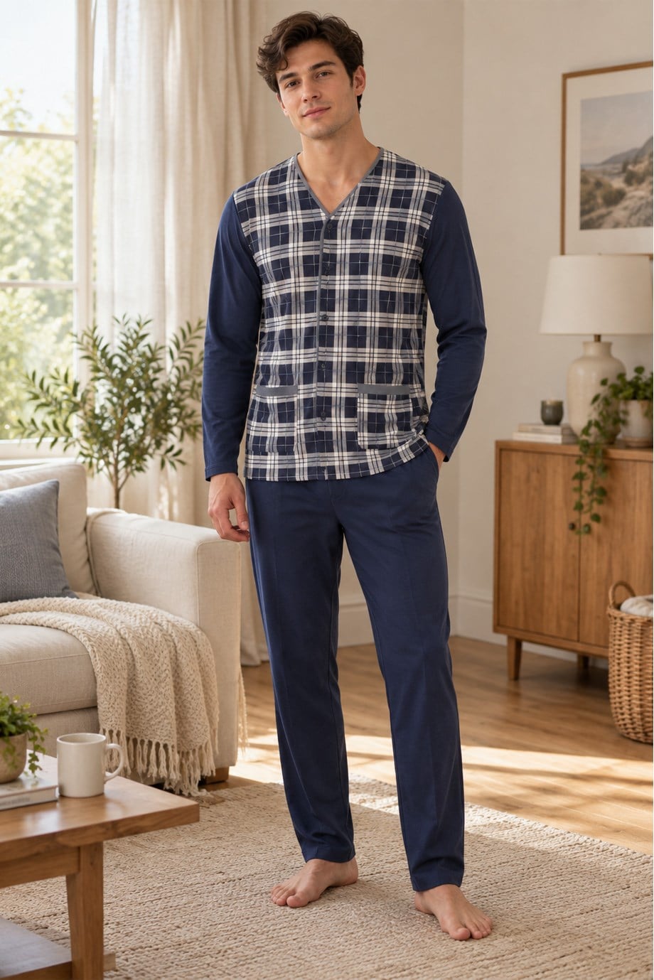 Erkek Ekose Önden Düğmeli Arka Düz Lacivert Pijama Takımı 8218
