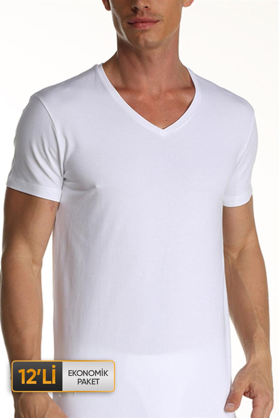 Erkek Elastanlı V Yaka Beyaz T-shirt 0956 12'li Ekonomik Paket
