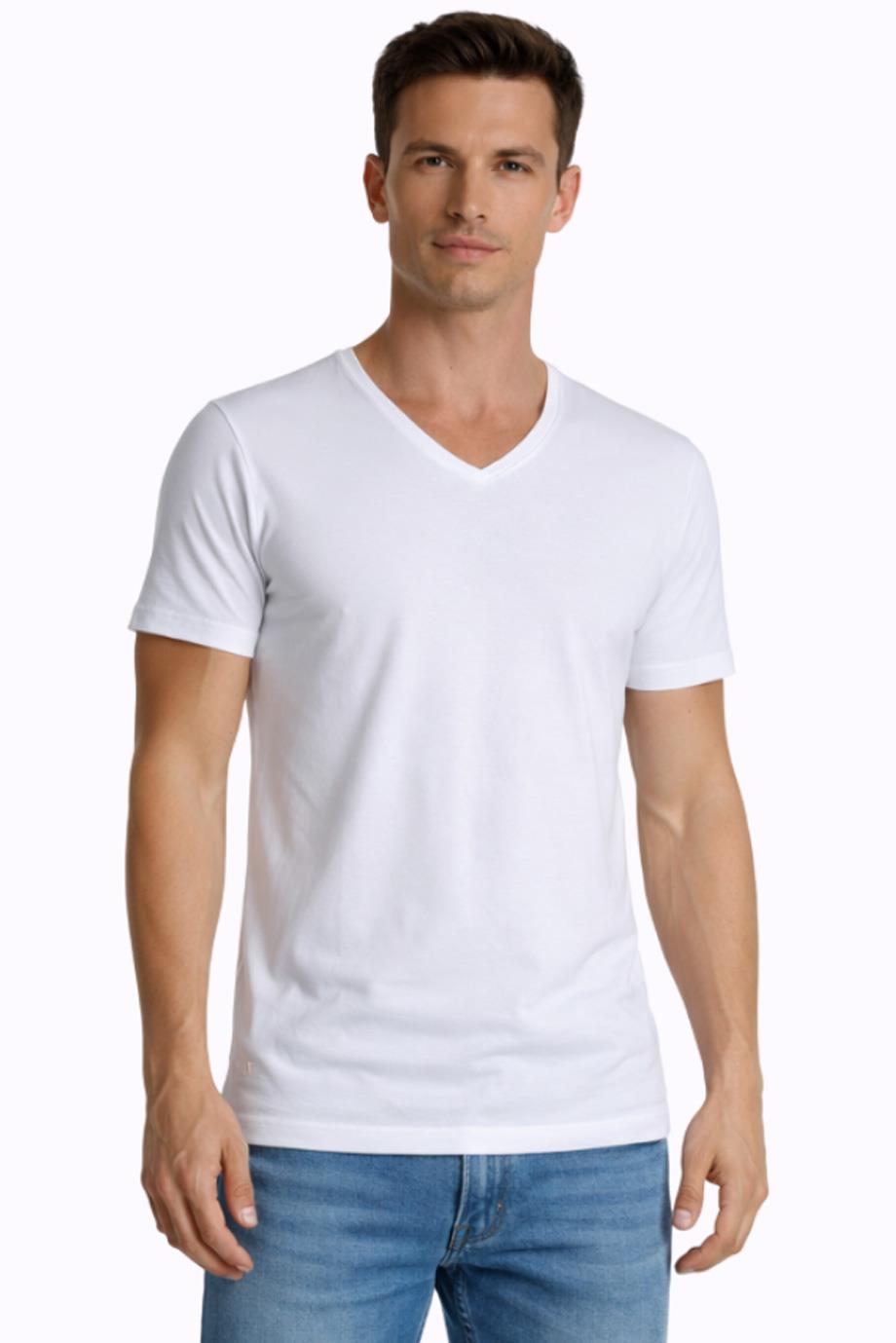 Erkek Elastanlı V Yaka Beyaz T-shirt 956