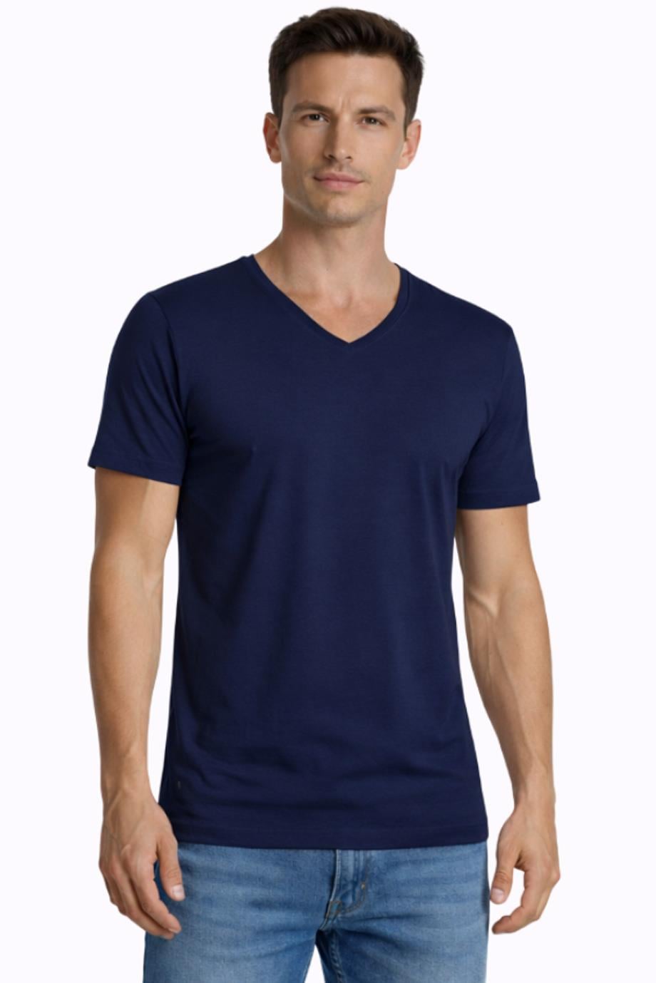 Erkek Elastanlı V Yaka Lacivert T-shirt 956