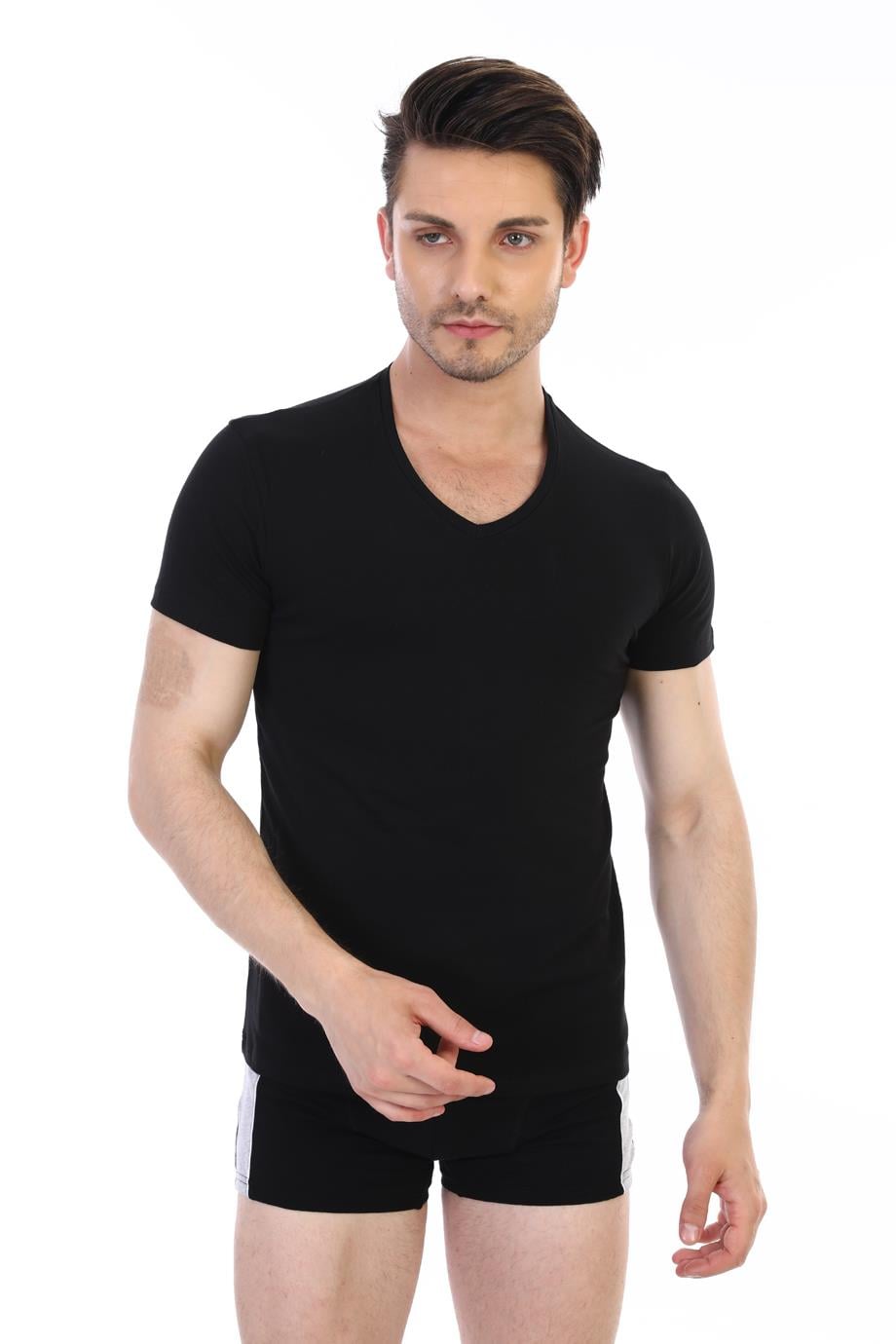 Erkek Elastanlı V Yaka Siyah T-shirt 956