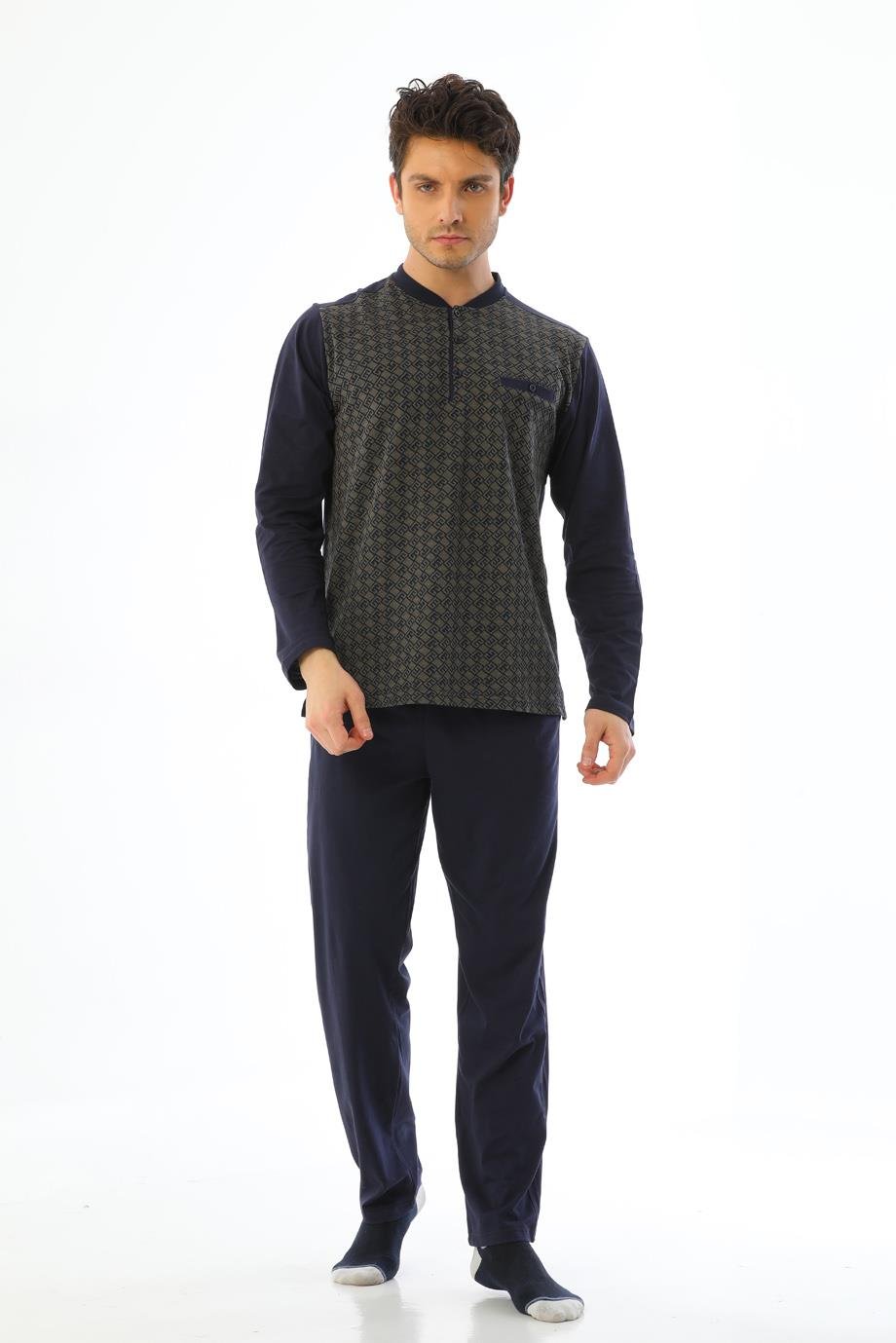 Erkek Jakarlı Patlı Uzun Kollu Geometrik Desenli Vizon Pijama Takımı 8027
